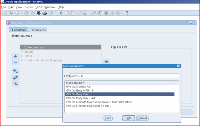 GL Entry Responsibility screen