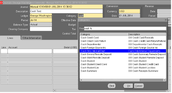 Screenshot of category selection on journal entry